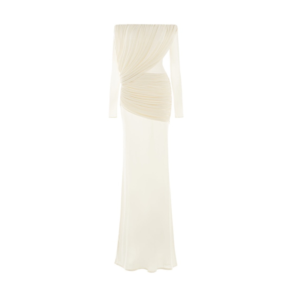 Off shoulder White mesh long sleeve  Gown - Picture 2 of 3
